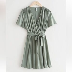 & Other Stories Small Sage Green Faux Wrap Dress Tie Waist V Neck Silky Spring